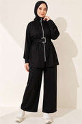 Zip-up Square Belted 2 Piece Set, Black