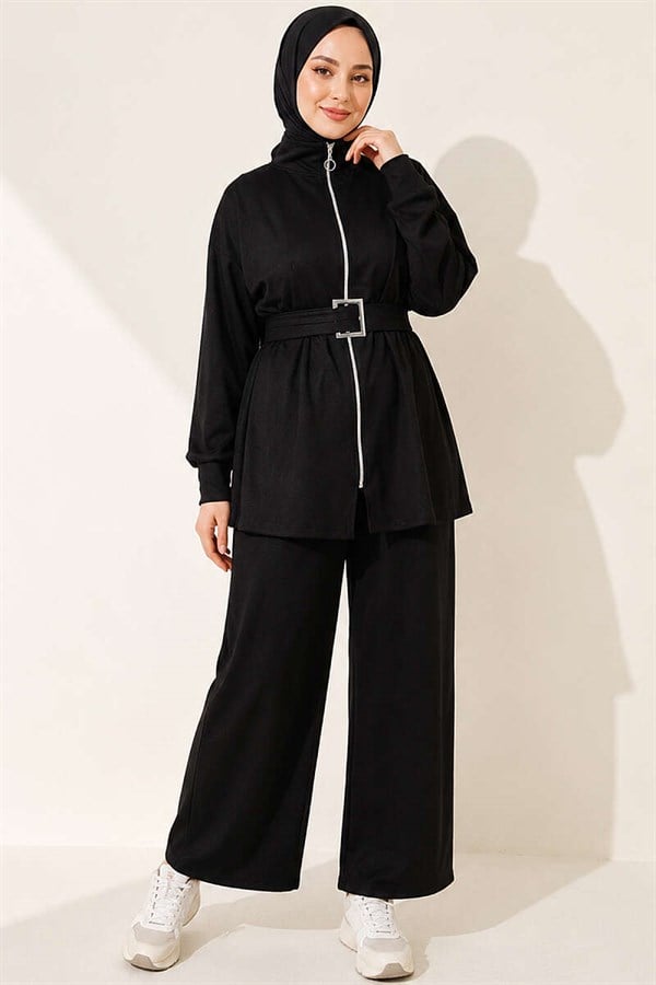Zip-up Square Belted 2 Piece Set, Black