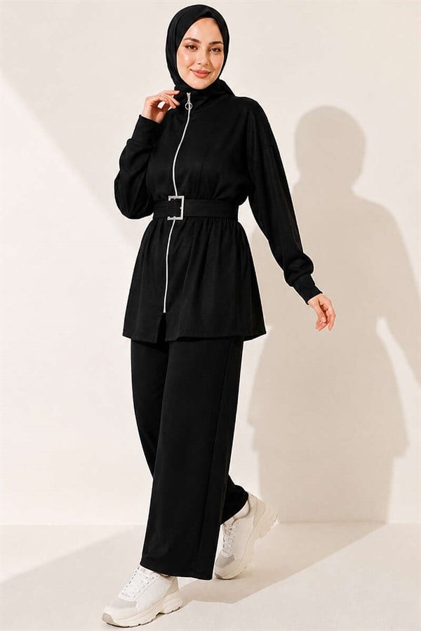 Zip-up Square Belted 2 Piece Set, Black