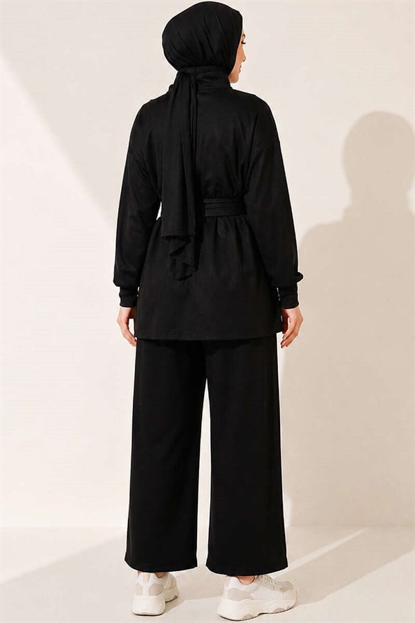 Zip-up Square Belted 2 Piece Set, Black