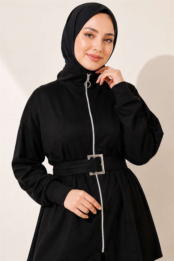 Zip-up Square Belted 2 Piece Set, Black