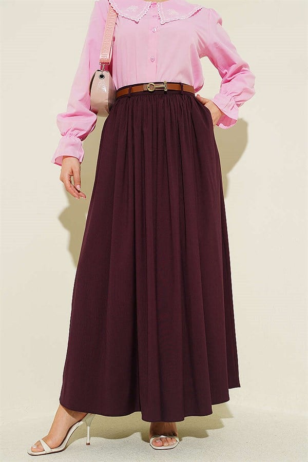 Zippered, Belted, Gathered Skirt in Plum