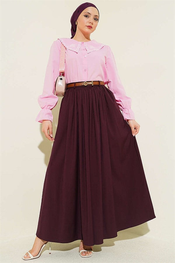 Zippered, Belted, Gathered Skirt in Plum