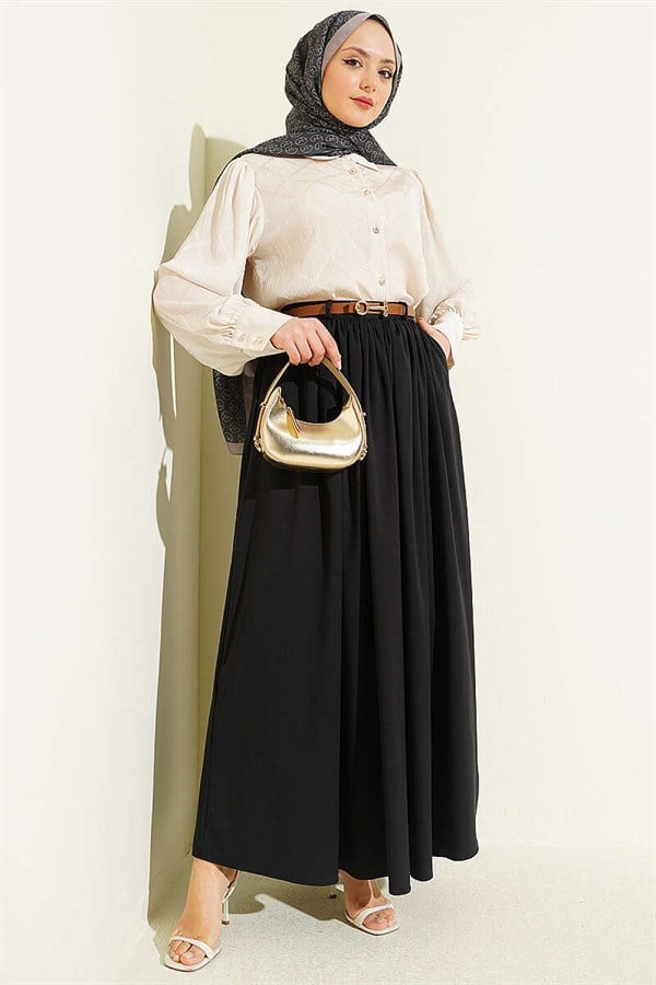 Black Zippered Belted Gathered Skirt