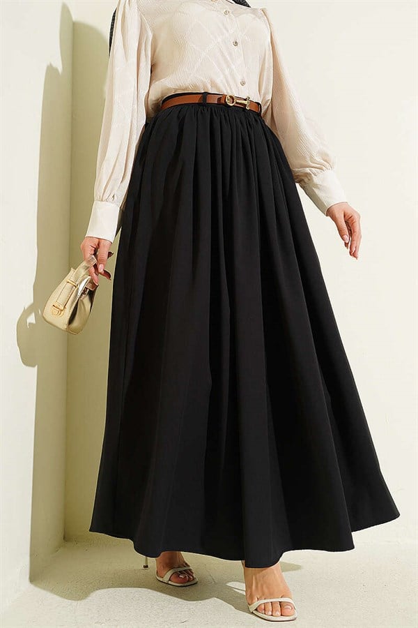 Black Zippered Belted Gathered Skirt