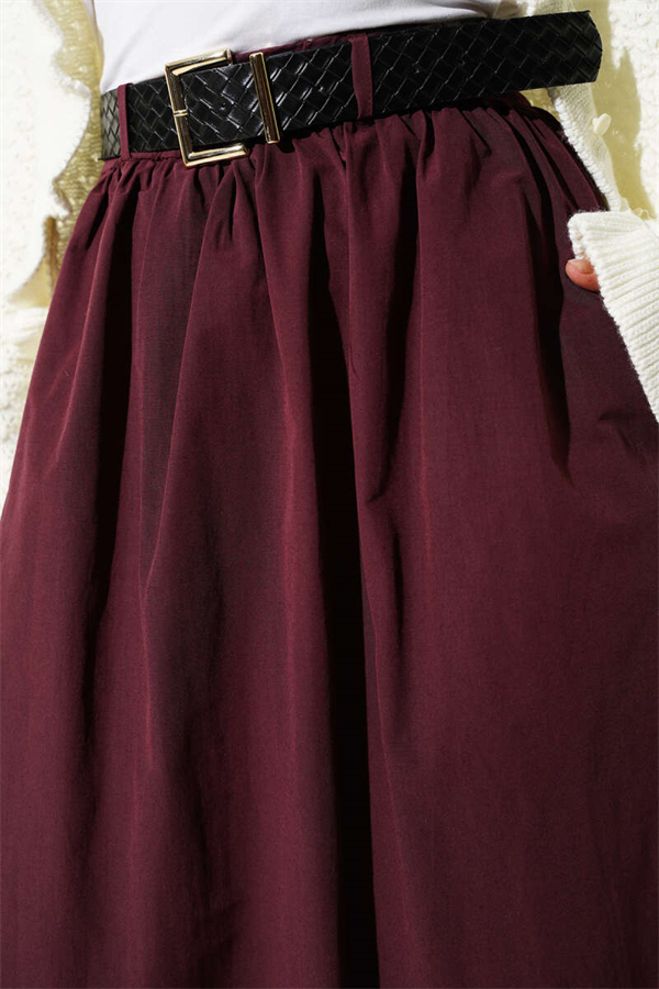 Poplin Skirt with Zipper and Belt, Plum