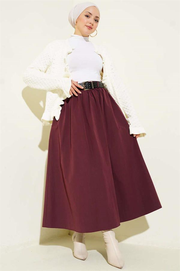 Poplin Skirt with Zipper and Belt, Plum