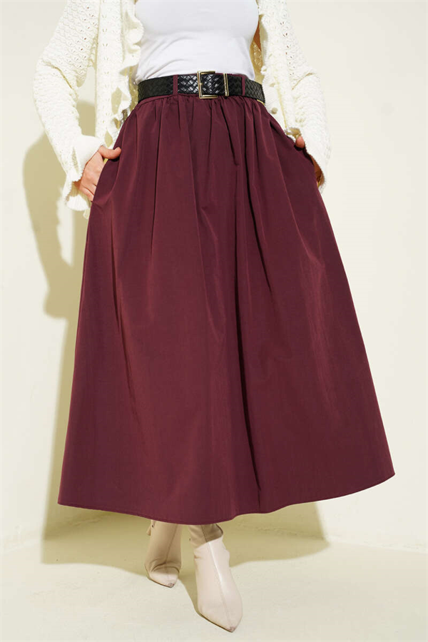 Poplin Skirt with Zipper and Belt, Plum