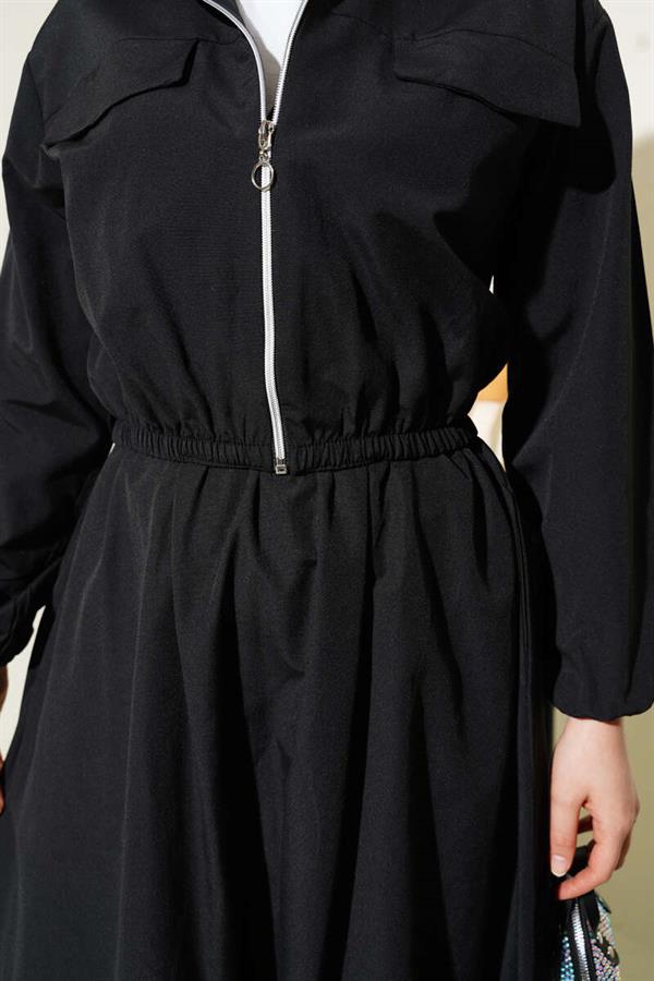 Zippered Short Jacket Skirt 2 Piece Set Black
