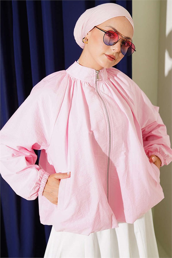 Pink Short Parachute Jacket with Zipper