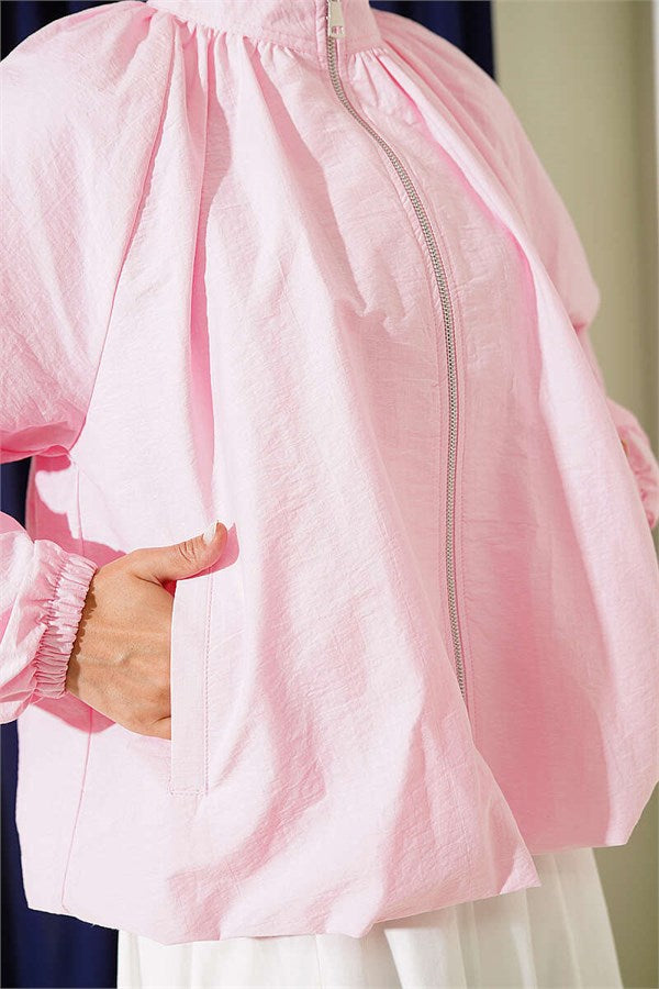 Pink Short Parachute Jacket with Zipper