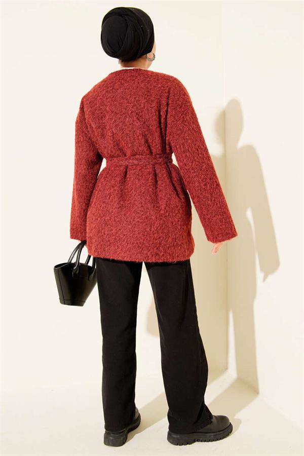 Burgundy Felt Jacket with Zipper and Belt