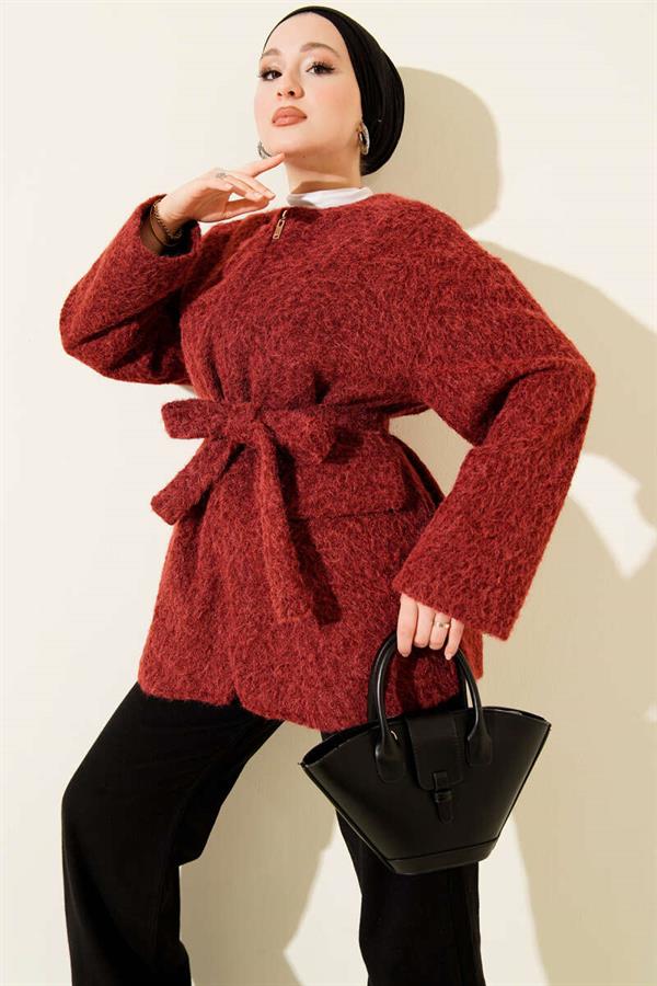 Burgundy Felt Jacket with Zipper and Belt