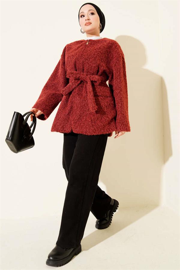 Burgundy Felt Jacket with Zipper and Belt