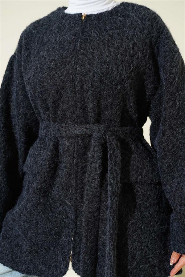 Zippered Belted Felt Jacket Navy Blue