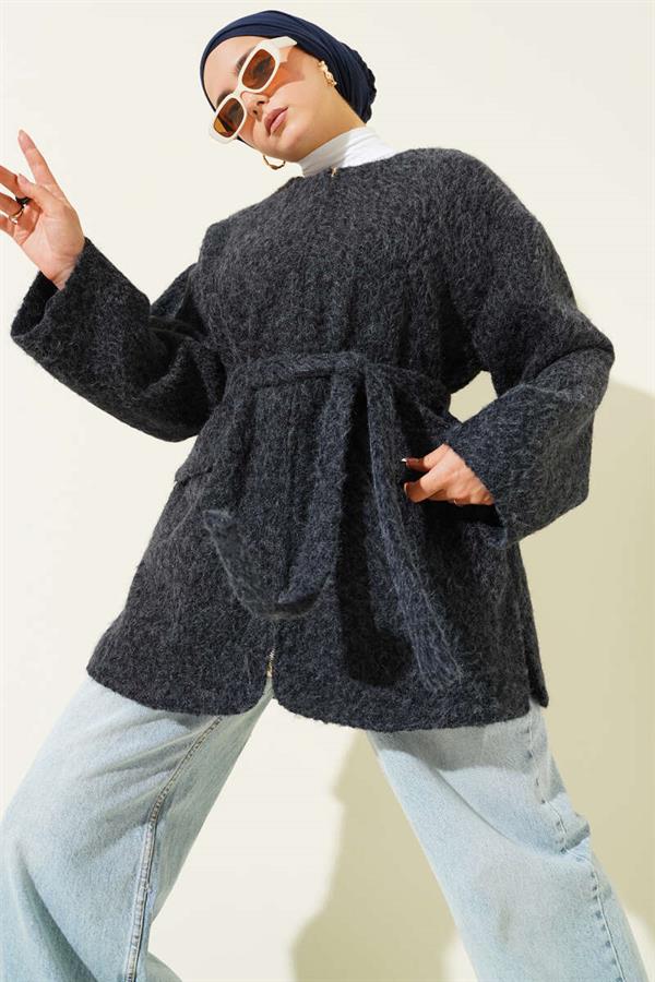 Zippered Belted Felt Jacket Navy Blue