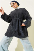 Zippered Belted Felt Jacket Navy Blue