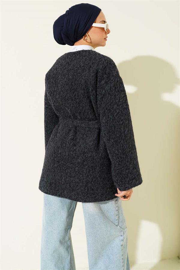 Zippered Belted Felt Jacket Navy Blue