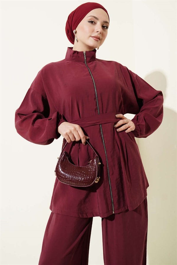 Zip-up Belted Modal 2 Piece Set in Burgundy