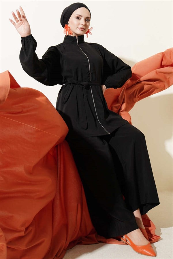 Black Modal 2 Piece Set with Zipper and Belt
