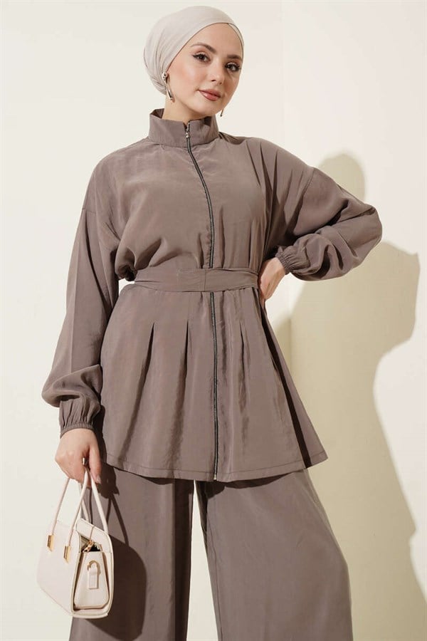 Modal 2 Piece Set with Zipper and Belt, Mink Color