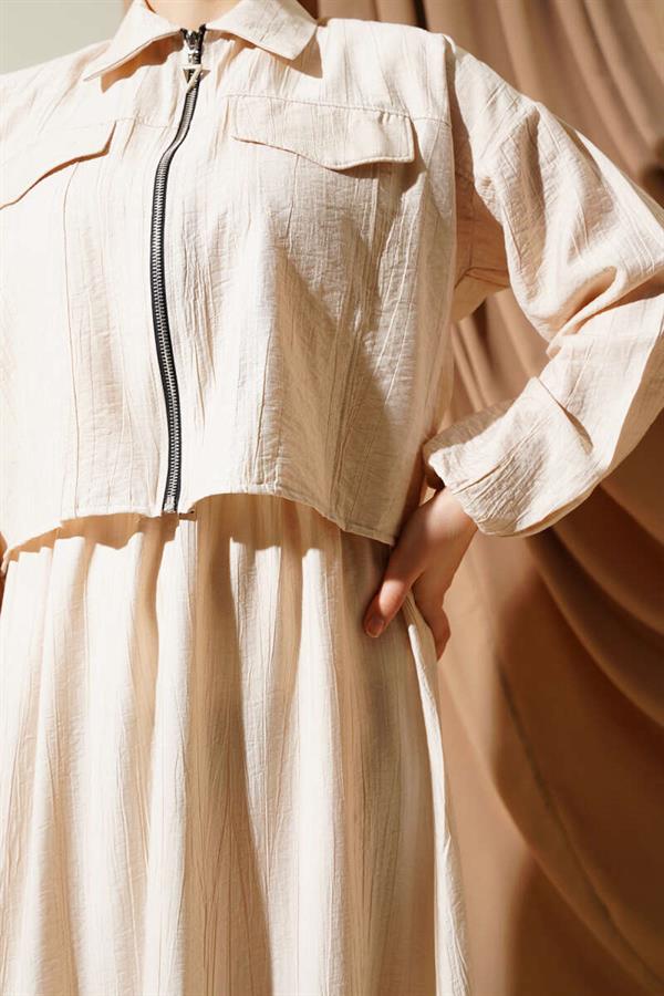 Zippered Elastic Cardigan Vest 2 Piece Set 2 Piece Set Beige