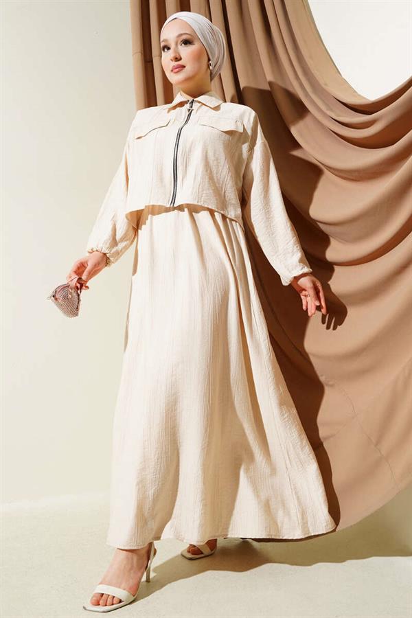 Zippered Elastic Cardigan Vest 2 Piece Set 2 Piece Set Beige