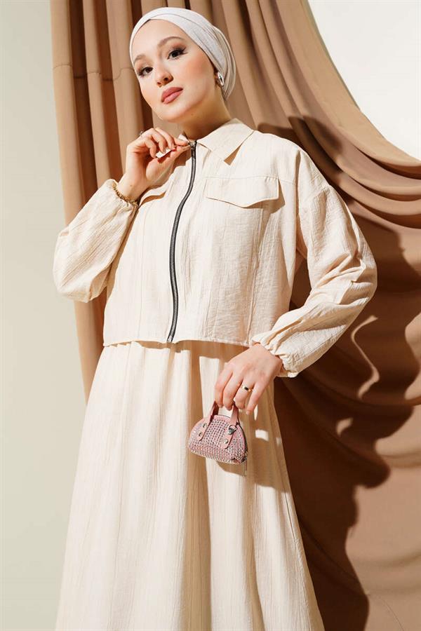 Zippered Elastic Cardigan Vest 2 Piece Set 2 Piece Set Beige