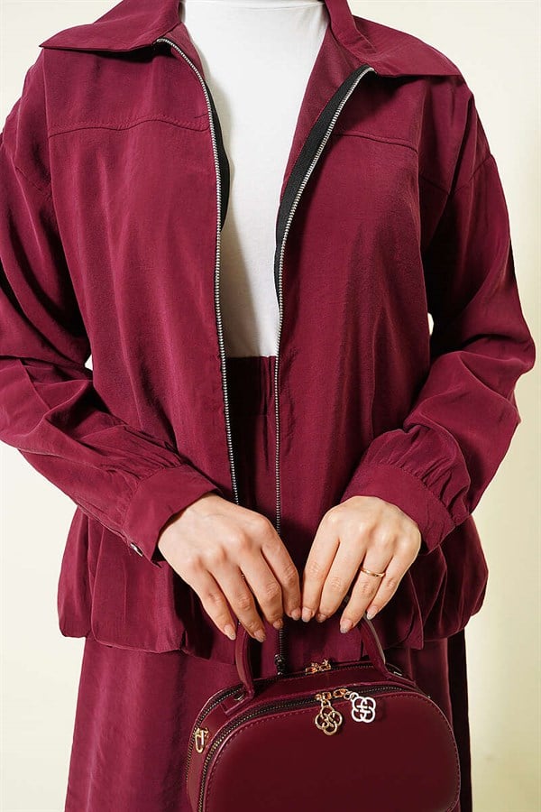 2 Piece Set with zippered modal skirt, burgundy.
