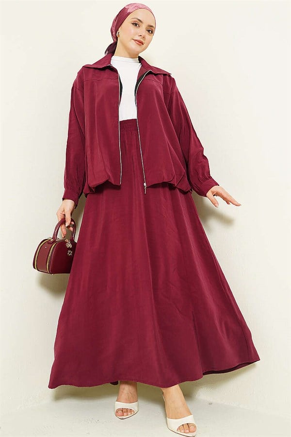 2 Piece Set with zippered modal skirt, burgundy.