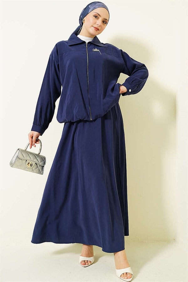 2 Piece Set with zippered modal skirt, navy blue.