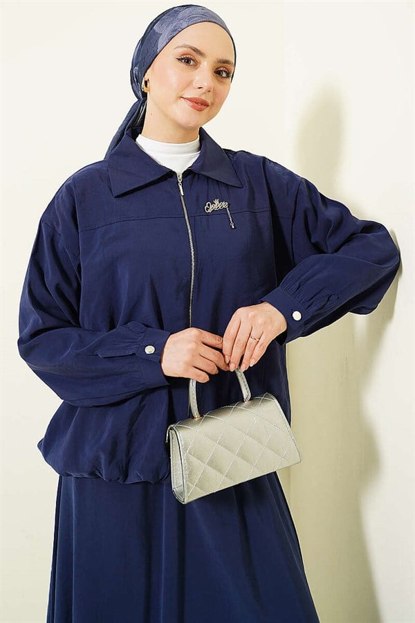 2 Piece Set with zippered modal skirt, navy blue.