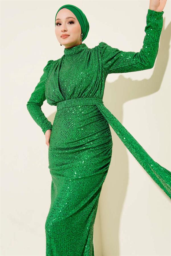 Zippered Sequined Belted Evening Dress Benetton