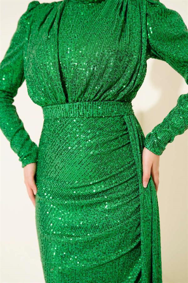 Zippered Sequined Belted Evening Dress Benetton