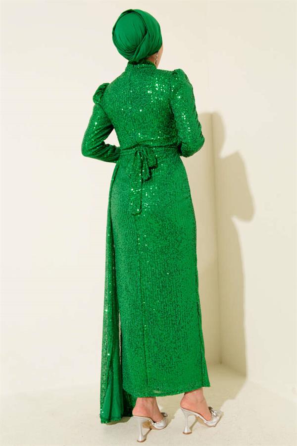 Zippered Sequined Belted Evening Dress Benetton