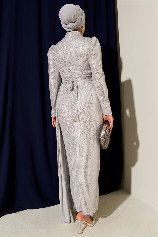 Zippered Sequin Belted Evening Dress Silver