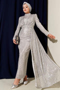 Zippered Sequin Belted Evening Dress Silver