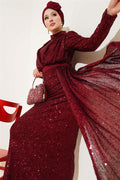 Zippered Sequin Belted Dress Burgundy