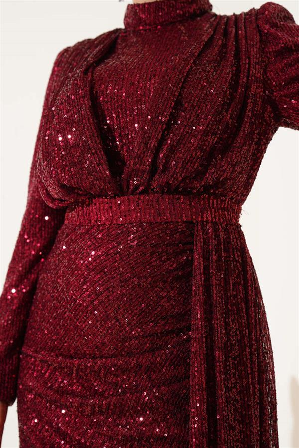 Zippered Sequin Belted Dress Burgundy
