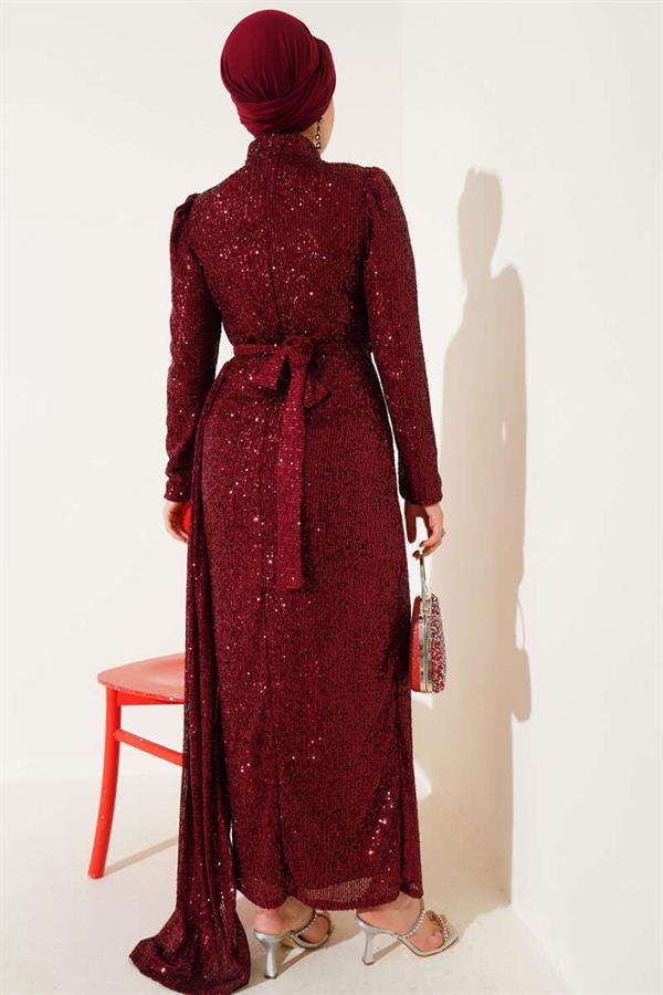 Zippered Sequin Belted Dress Burgundy