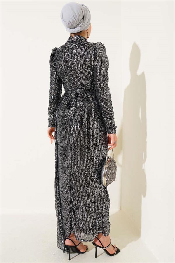 Zippered Sequin Belted Dress Platinum