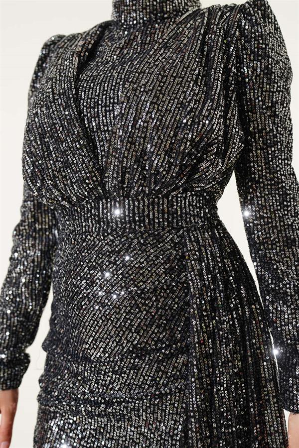 Zippered Sequin Belted Dress Platinum