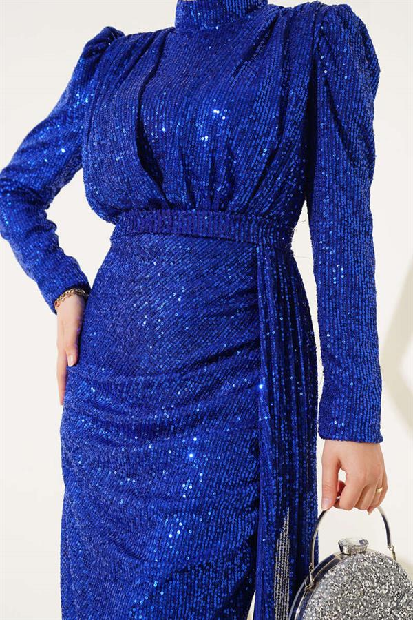 Zippered Sequin Belted Dress in Saxe