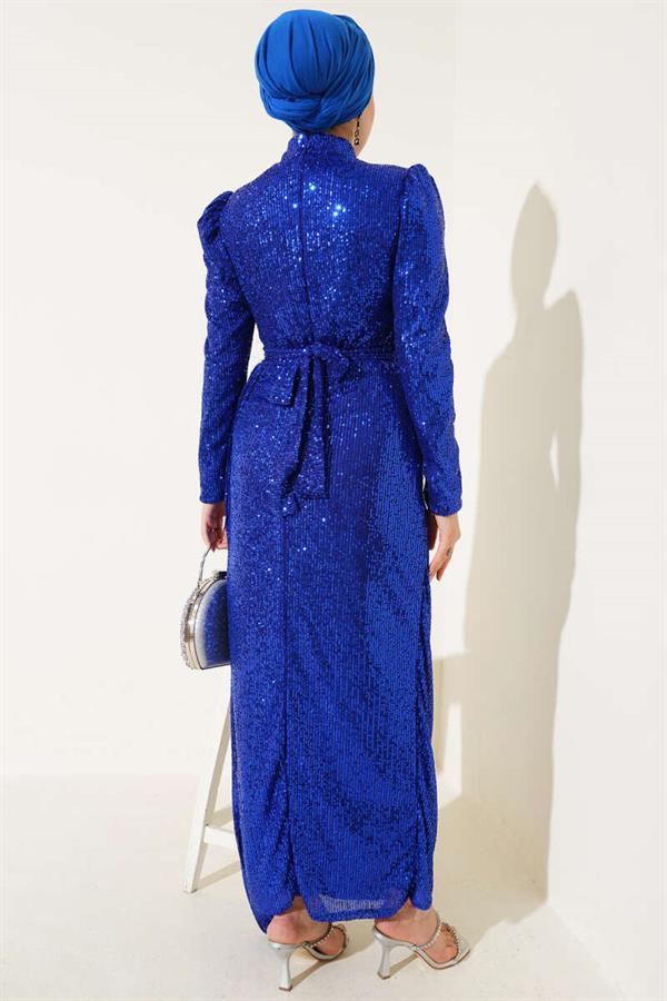 Zippered Sequin Belted Dress in Saxe