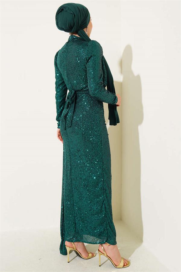 Zippered Sequin Belted Dress Green