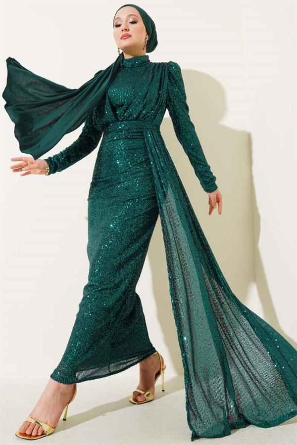 Zippered Sequin Belted Dress Green