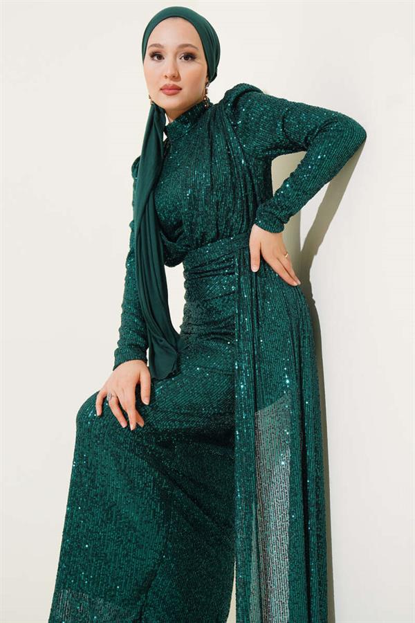 Zippered Sequin Belted Dress Green