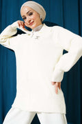 Zippered Bearded Knitted Cardigan Ecru