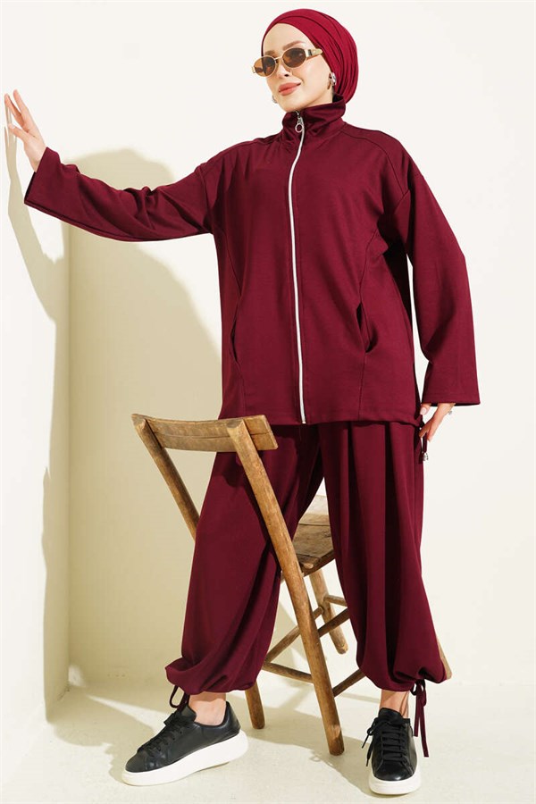 2 Piece Set with Zip-Up Trousers, Burgundy