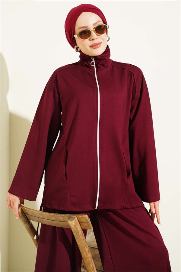 2 Piece Set with Zip-Up Trousers, Burgundy